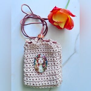 Hand Knits 2 Love Crochet Pouch Necklace Cabochon Bead Spiritual Positive Cards